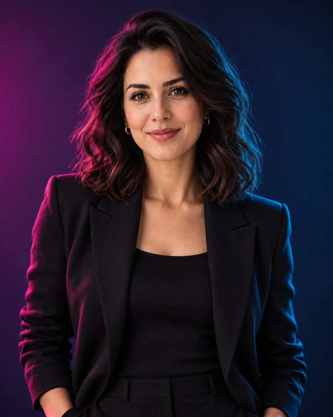Aynı kadın karakterin magenta ve cyan ışıklarla portresi